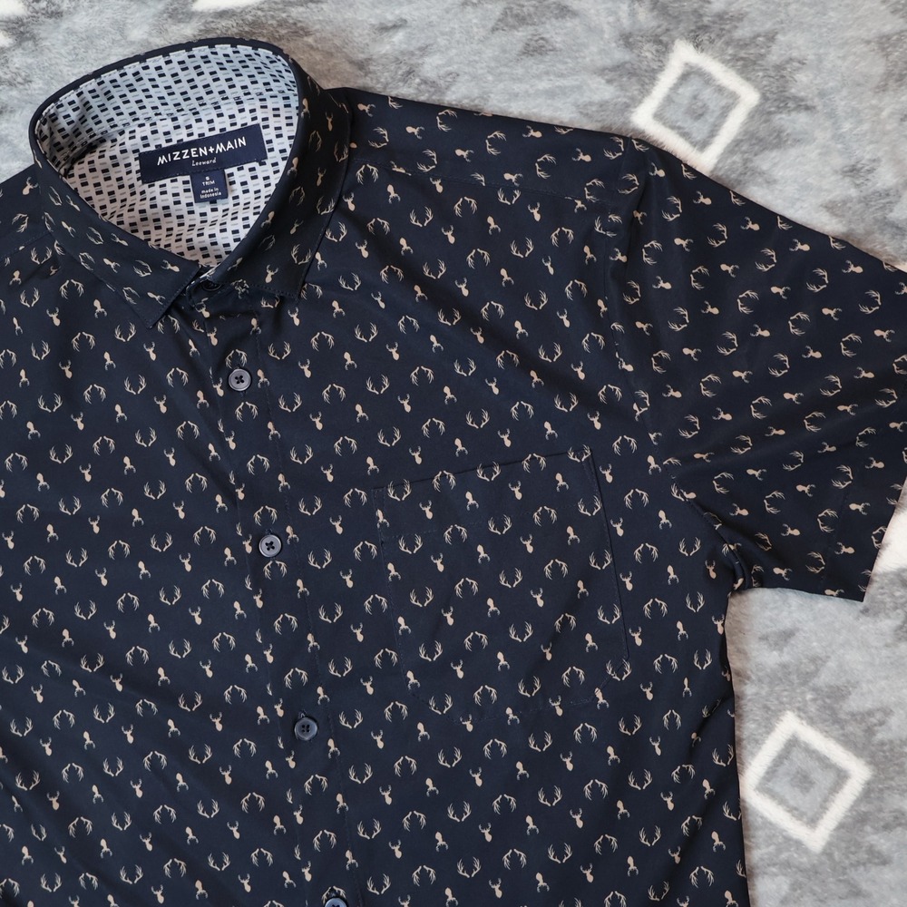 Mizzen Main Leeward Performance Shirt Navy Antler Print Short Sleeve S Trim